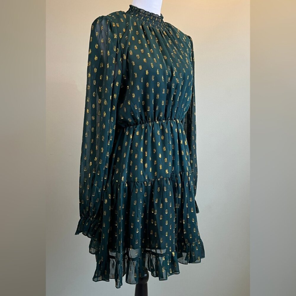 Cute O.P.T. One Pretty Time Dark Green & Gold Smocked Metallic Clip Dot Dress